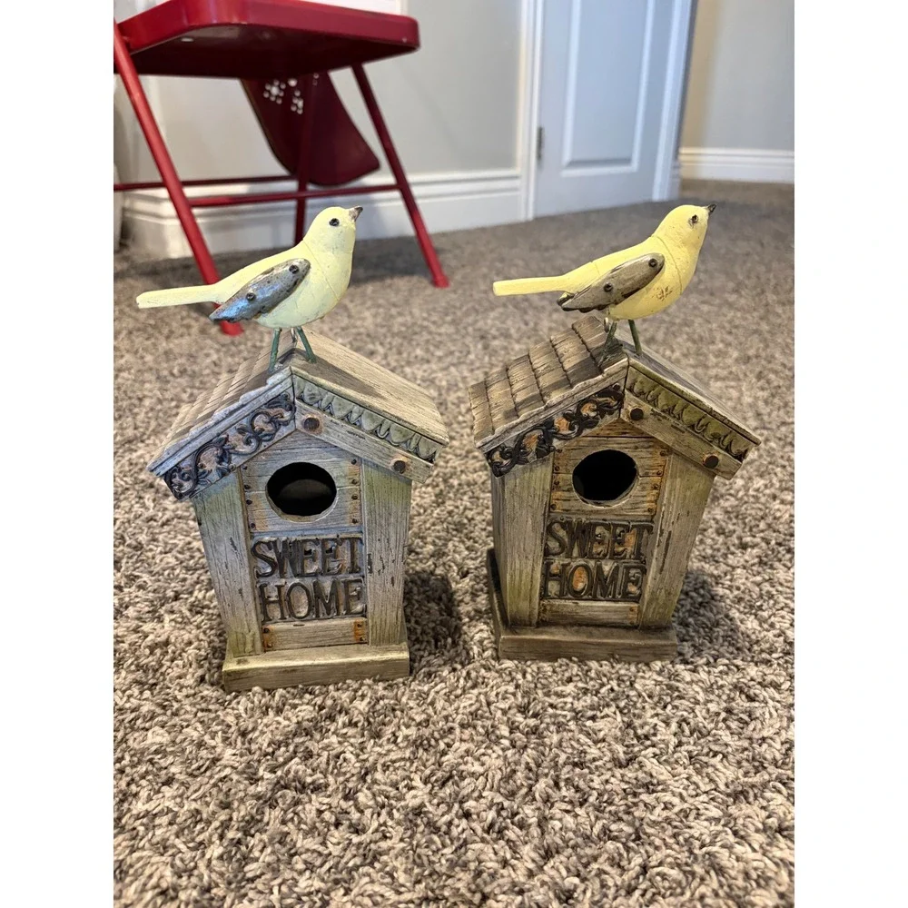 Set of 2 Rustic Sweet Home Birdhouse Figurines Yellow Bird Farmhouse Decor